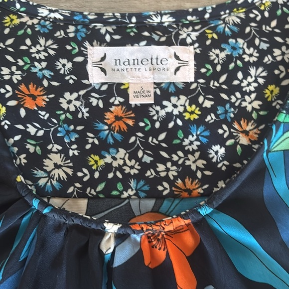 Nanette Lepore Navy Floral Blouse Mixed Print Bell Sleeves Boho Womens Sz S - Picture 3 of 8